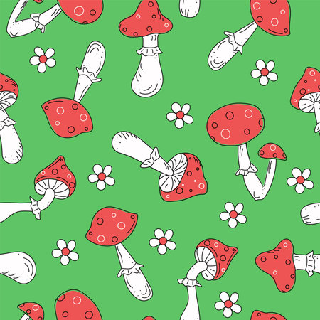 Mushroom seamless pattern. Amanita Muscaria (fly agaric) texture design for textile, wrapping paper. Magic wonderful mushroom backdrop. Vector illustration,  isolated  background.のイラスト素材