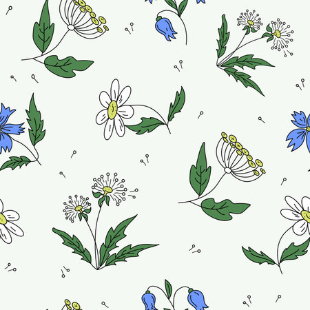 Meadow flowers pattern. Garden plants set. Doodle color drawing. Pattern for textiles, wrapping paper, wallpaper. Vector background.&#x9;のイラスト素材