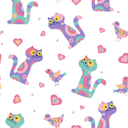 Bright multicolored cartoon cats with hearts, cats in love. Vector illustration with isolated background.のイラスト素材
