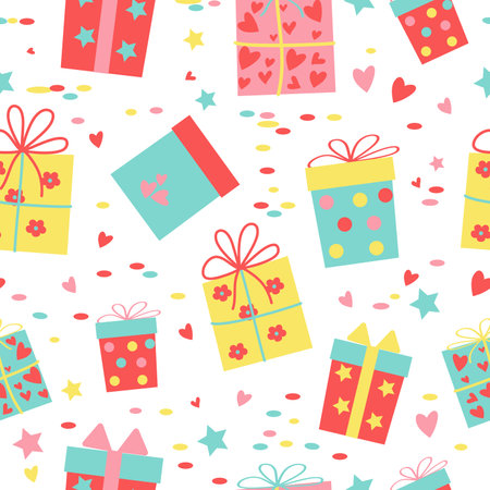 Pattern Gifts in boxes. Doodle drawings. Seamless pattern, holiday decor. Bright color packaging with gifts for Birthday, Christmas, New Year, Valentine's Day. Confetti. Background, texture. Vector graphics.のイラスト素材