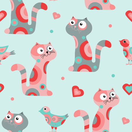 Vector seamless pattern multicolored cartoon cats, birds and hearts. Design for textiles, packaging, backgrounds.のイラスト素材
