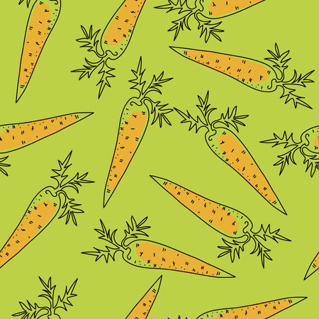 Hand drawn carrot pattern. Seamless backgrounds, textures, wallpapers. Bright decor. Vector illustration on a green background.&#x9;のイラスト素材