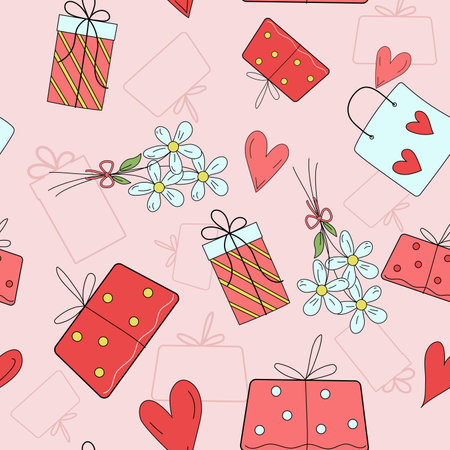 Vector pattern  - gifts, hearts, a bouquet of flowers, holiday packaging.  Seamless background. Design elements for wedding, birthday in doodle style. Bright illustration on an isolated background.のイラスト素材