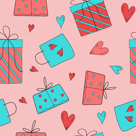 Vector pattern. Set - gifts, hearts, festive packaging.  Seamless background, texture. Design elements of packaging, decor, wallpaper for holiday , wedding, birthday in doodle style. Bright illustration on isolated background.のイラスト素材