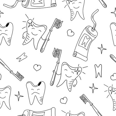 Vector pattern of brushing and caring for teeth. Toothbrush, paste, healthy and sick teeth. Seamless pattern, dental texture. Doodle style. Vector graphics, background isolated.のイラスト素材