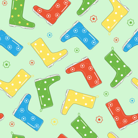 Pattern Seamless. Boots cartoon rubber waterproof. Doodle style. Drawing, sketch. Bright multicolored Shoes for rainy weather. Gardening equipment. Vector illustration, isolated background.の写真素材