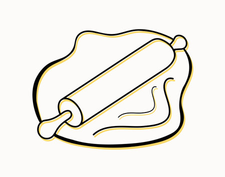 Stylized dough, rolling pin and kitchen utensils. Logo, sign. Black and yellow outline drawn by hand. Homemade baking. Vector illustration. Design for a shop, bakery, confectionery on an isolated background.のイラスト素材