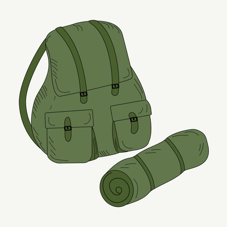 Travel backpack and hiking mat. Illustration in Doodle style. Vector .	のイラスト素材