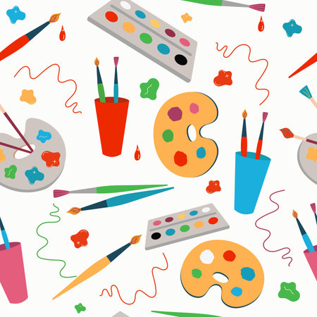 The pattern is seamless. Artistic. Brush and palette with paints for creativity, Multicolored paints . vector icon, badge. flat cartoon illustrationのイラスト素材