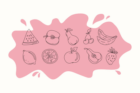 Set Icons of juicy fruits in whole and in slices. Juice drops, abstract fruits. Doodle style. Drawings with black outline on colored spots. vector graphics. isolated background.のイラスト素材