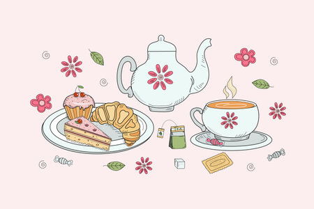 Seth Tea. A teapot, a cup of tea and a plate of cakes and a croissant. Color vector illustration in doodle style.のイラスト素材