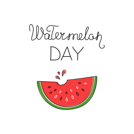 National Watermelon Day. Watermelon day, handwritten text. summer holiday. Drawings Pieces of watermelon , doodle style. Leaflet, poster, banner, postcard, brochure design template , third of August. event title.のイラスト素材