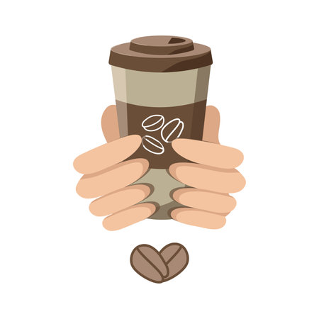Hands and coffee in a glass. love of coffee. coffee beans. International Coffee Day. vector graphics. flat illustration. The background is isolated.のイラスト素材