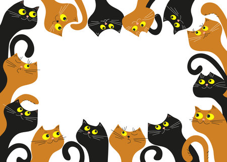 Banner frame with funny multicolored cartoon cats. Postcard design, flyer. Space for text. Vector illustration, isolated background.のイラスト素材