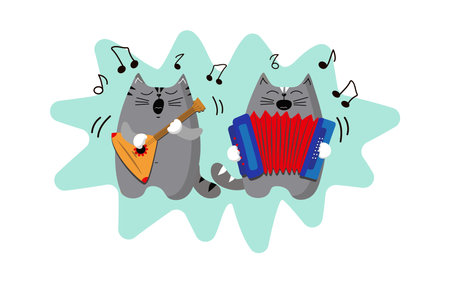 Cats cartoon Singing and plays the harmonica and balalaika. Cats musicians. Animal, pet, musical instrument. Song, music. Vector illustration, background isolated.のイラスト素材