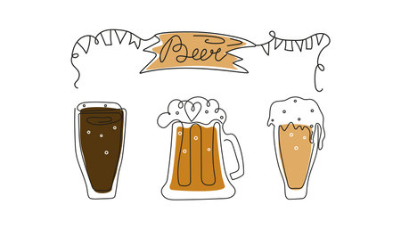 Beer Day, festival, holiday. Set of beer mugs in line art style. Wooden sign with lettering. calligraphy, outline drawing. Oktoberfest, Oct. Vector illustration, background isolated.のイラスト素材