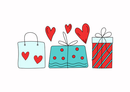 Vector set - gifts, hearts, holiday packaging. Design elements for wedding, birthday in doodle style. Bright illustration on an isolated background.のイラスト素材