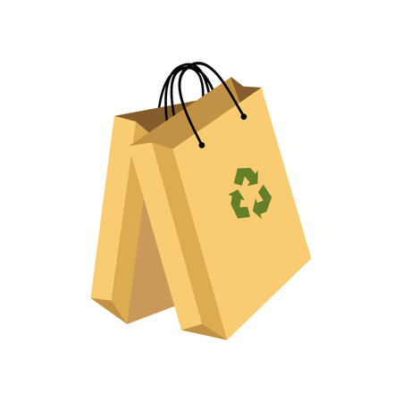 paper shopping bag. Eco-friendly reusable and recyclable kraft bag, ecology sign. Recycling, zero waste, eco friendly concept. Eco-friendly cardboard packaging for shopping. Flat vector illustration.のイラスト素材