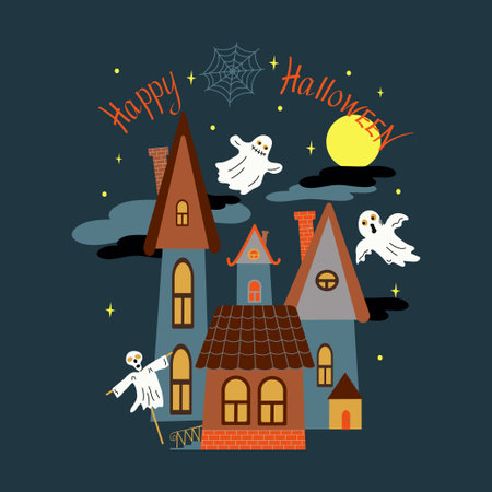 City, fabulous houses. Halloween holiday. Postcard, banner with ghosts. Lettering Happy Halloween. vector illustration.のイラスト素材