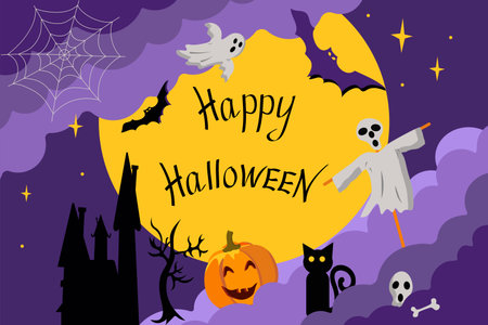 Festive banner design for Halloween. postcard, congratulations. Bats, a ghost, fairy houses, a pumpkin and a black cat against the background of the starry sky and the moon.のイラスト素材