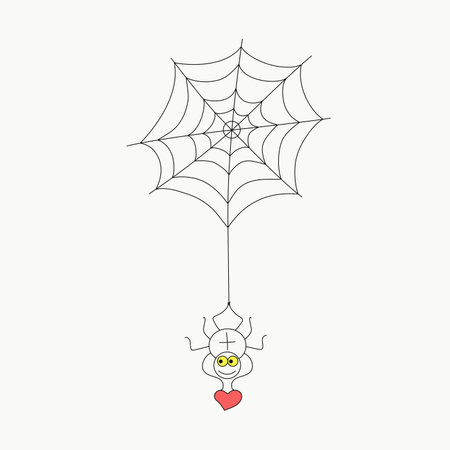 Spider on a cobweb with a heart. Icon, doodle style. Vector illustration, background is isolated.のイラスト素材