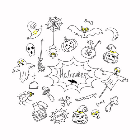 Halloween vector doodle icons. Festive badges and attributes. Halloween party. hand draw.のイラスト素材