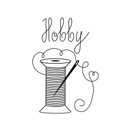 Thread and needle logo. Spool of thread in doodle style. Sewing Sign icon. Sewing and Hobby, Handmade. vector illustration. background isolated.のイラスト素材