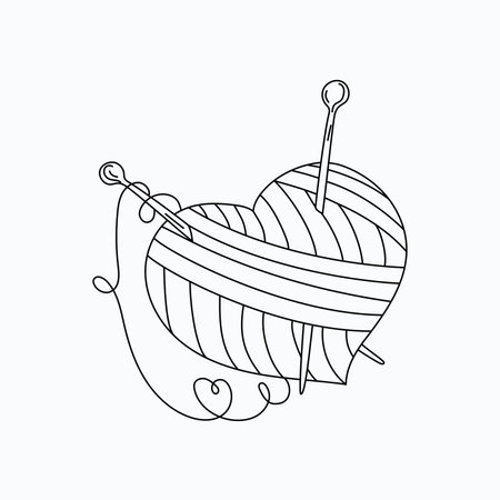 A ball of thread in the shape of a heart, knitting needles. Drawn icon in doodle style. vector illustration. isolated background.のイラスト素材