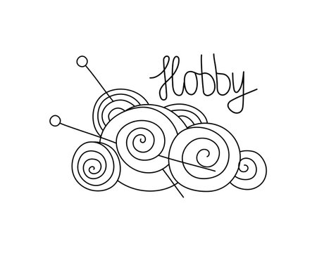 Skeins of yarn for knitting and lettering. line art. logo, badge. Drawing, Handmade, hobby, needlework. Abstract ball of thread and knitting needles. vector illustration. background isolated.のイラスト素材