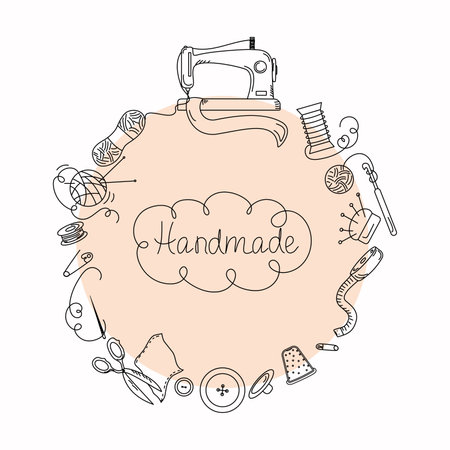Sewing tools, doodle style. Handmade, Handicrafts set with elements of a sewing machine, threads, needles, dummy, scissors. Vector.のイラスト素材