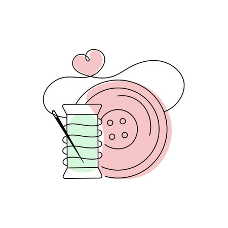 Sewing sign, logo, emblem. Drawing of sewing supplies in doodle style. Button, spool and needle. vector graphics. White isolated background.のイラスト素材