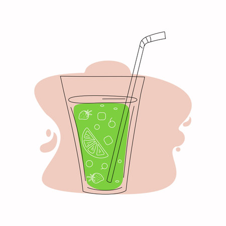 Glass with fruit drink in doodle style. Fruit juice with lemons, berries, oranges. vector illustration.のイラスト素材