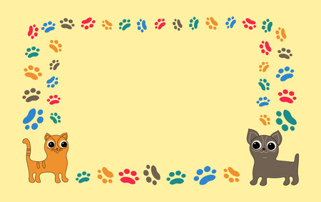 Frame cartoon dog, cat; footprints, paw prints of the animal. Ornaments, icons with pets. Vector background for print design . Card with space for text. pet products. Pet notice banner concept vector illustration. background isolated.のイラスト素材
