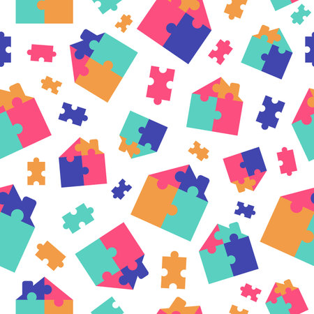 Puzzle city pattern. Buildings, architecture. construction. Multi-colored pieces of the groove. graphic vector. The background is seamless.のイラスト素材