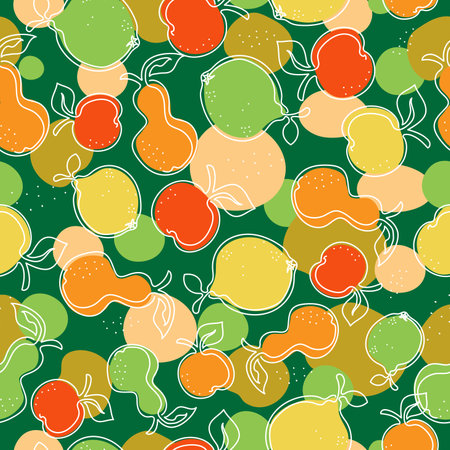 Fruit pattern. Abstract Summer fruits, food lemon, apple, pear. harvest. Set, collection, line art, drawing. Vector Illustration on a white isolated background.のイラスト素材