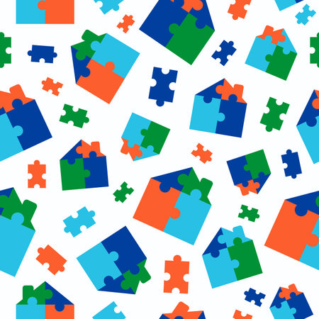 Puzzle city pattern. Buildings, architecture. construction. Multi-colored pieces of the groove. graphic vector. The background is seamless.のイラスト素材