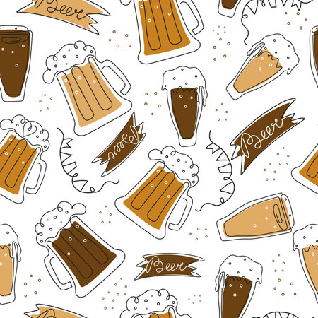 Beer Day, festival, holiday. Pattern of beer mugs in line art style. Wooden sign with lettering. calligraphy, outline drawing.  Vector illustration, background isolated.のイラスト素材
