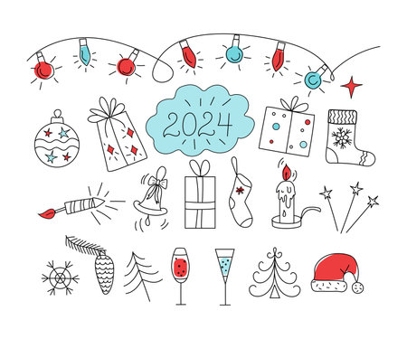 2024 doodle icons. Christmas, Holiday, New Year. Festive design, vector cartoon drawings. Christmas trees, gifts, garland, candle. Wine, champagne in glasses.のイラスト素材