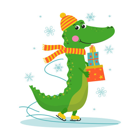 Cheerful cartoon crocodile on skates with a box of gifts. Holiday decor. Crocodile in warm knitted clothes, hat and scarf. Winter accessories. New Year, Christmas, winter season. Vector illustration with animals, background isolated.のイラスト素材