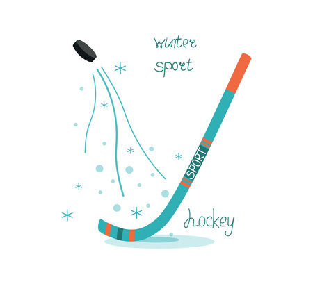 Hockey stick and hockey pack. Winter sport, winter season. Sports equipment. Snow, snowflakes. Active healthy lifestyle. Lettering, signed Vector illustration, isolated background.のイラスト素材