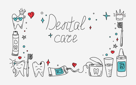 Dental care. Dentistry, hygiene and dental health products. Toothpaste, tooth, dental floss and toothbrush in doodle style. Vector.のイラスト素材