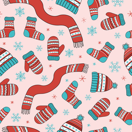 Knitwear pattern. Winter hat, scarf, mittens and socks with ornament, accessories, warm clothes. Vector seamless background. Knitting, handmade. Bright illustration, doodle style.のイラスト素材