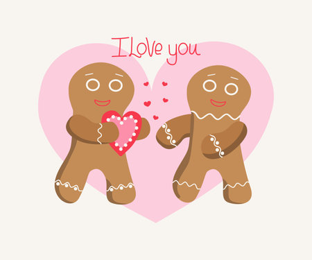 Gingerbread men with heart, couple of lovers, postcard, congratulation. Heart shape, love. Holiday. Valentine's Day. Vector flat illustration.のイラスト素材