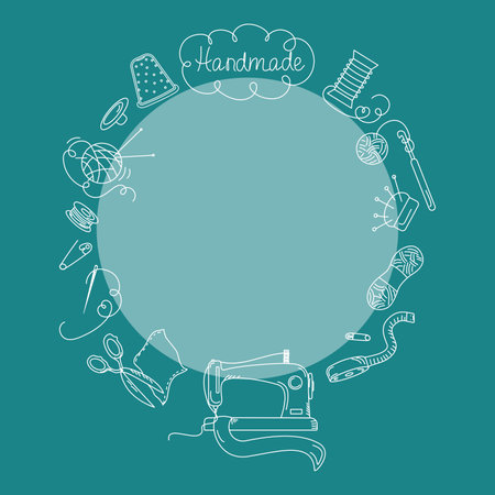 Round frame, border with sewing icons. Sewing accessories doodle style.のイラスト素材