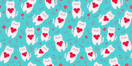 Cartoon kittens pattern. Paw and heart prints. Cute domestic cat holding heart. Festive packaging design Valentine's Day. Seamless vector background, wallpaper.のイラスト素材