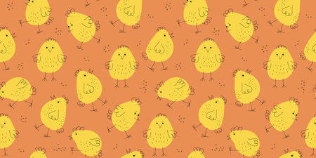 Pattern Set funny chickens. Hand drawn linear icons. Easter design. Cartoon chick. Animals, Doodle style. Domestic bird. Seamless background. Vector illustration.のイラスト素材