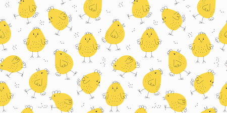 Pattern Set of chickens. Hand drawn linear icons. Easter design. Cartoon funny chick. Animals, Doodle style. Domestic bird. Seamless background. Vector illustration.のイラスト素材
