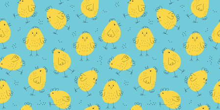 Pattern Set chickens. Hand drawn linear icons. Easter design. Cartoon funny chick. Animals, Doodle style. Domestic bird. Seamless background. Vector illustration.のイラスト素材