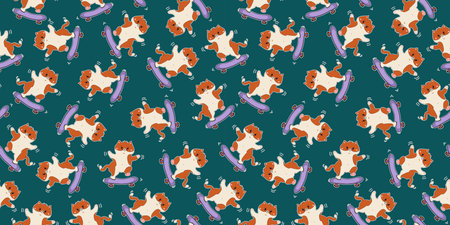 Pattern cartoon Cat riding a skateboard. Cheerful sports kitten, pet. Animals. Skateboarder, athlete. Vector seamless background.のイラスト素材