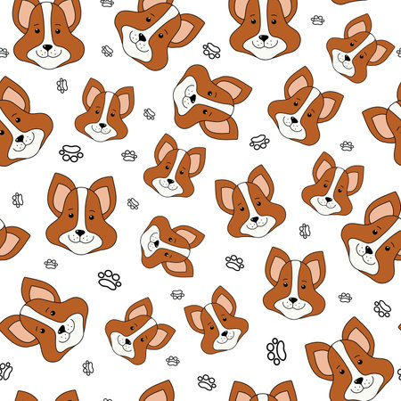 Seamless pattern portrait Cartoon Dog. Products, Pet food, drawing. Paw print. Cute dog muzzle. Corgi breed. .のイラスト素材